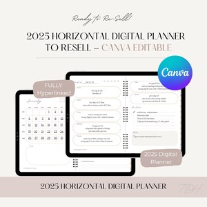 Op de afbeelding: Een digitale planner sjabloon voor 2025 met een horizontale lay-out. De planner is volledig hyperlinked en kan worden bewerkt in Canva. De afbeelding toont een kalender voor januari en een wekelijkse spread met een to-do lijst en ruimte voor notities.