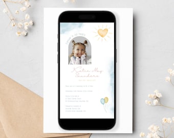 Plantilla de invitación para funeral de niños, invitación para servicio conmemorativo de bebé, celebración de la vida de una niña, anuncio de funeral para niños editable