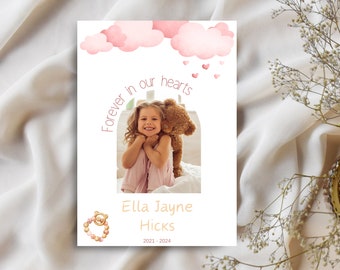 Programa funerario infantil, servicio conmemorativo infantil, orden de servicio imprimible, celebración de la vida de una niña pequeña, plantilla funeraria editable en rosa