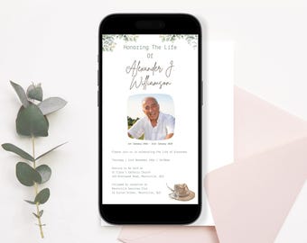 Plantilla de invitación para funeral occidental, invitación para servicio conmemorativo con sombrero de vaquero, celebración de la vida del abuelo, invitación Greenery Evite, anuncio editable