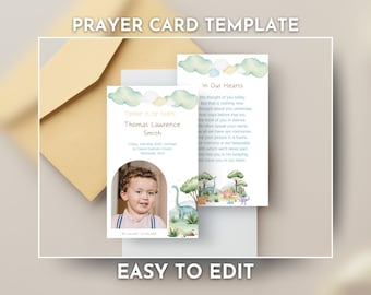 Tarjeta de oración para funeral infantil, poema para servicio conmemorativo infantil, recuerdo imprimible, celebración de la vida de un niño pequeño, plantilla editable de dinosaurio