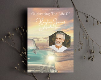 Programa funerario Chevrolet Sunset, servicio conmemorativo con temática de automóvil, orden de servicio imprimible, celebración de la vida, plantilla funeraria editable