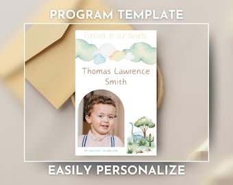 Programa funerario infantil, servicio conmemorativo infantil, orden de servicio imprimible, celebración de la vida de un niño pequeño, plantilla de funeral editable de dinosaurio
