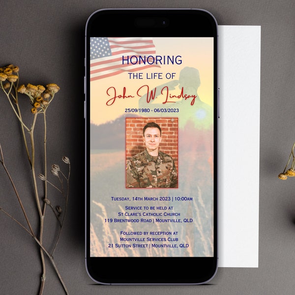 US Veteran Funeral Invitation, Memorial Service Invitation, Digital Invite, Celebration Of Life, Funeral Evite, Funeral Announcement