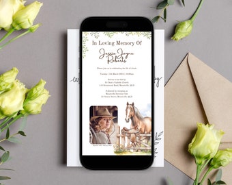 Plantilla de invitación para funeral con silla de montar, invitación para servicio conmemorativo de jinete, anuncio de celebración de la vida de una vaquera, invitación para funeral editable