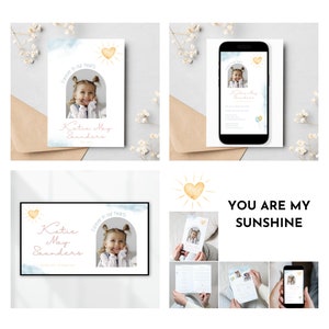 May include: A printable digital download for a memorial card. The card features a watercolour background with a sun and a heart. The text on the card reads "Forever in our hearts" and "Katie May Saunders". A photo of a young girl is in the centre of the card.