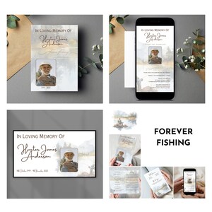 May include: A memorial card with a watercolor background featuring a lake and trees. The card has a photo of a man in a fishing hat and the text "In Loving Memory of Hunter James Anderson" and "18 Jul. 1941 - 07 June, 2023". The card also has the text "Forever Fishing" in black.