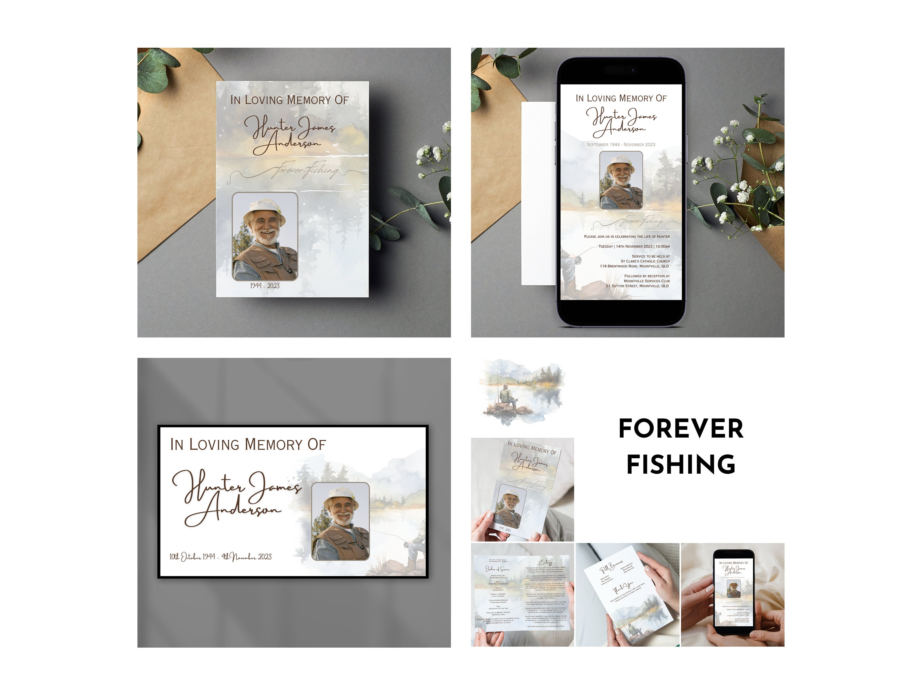 Forever Fishing Funeral Bundle, Fisherman Memorial Service Template