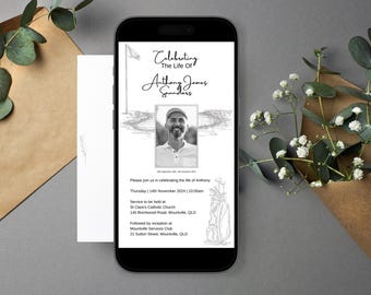 Plantilla de invitación para funeral de golfista, invitación para servicio conmemorativo de golfista, anuncio de celebración de la vida de golfista, invitación de funeral editable