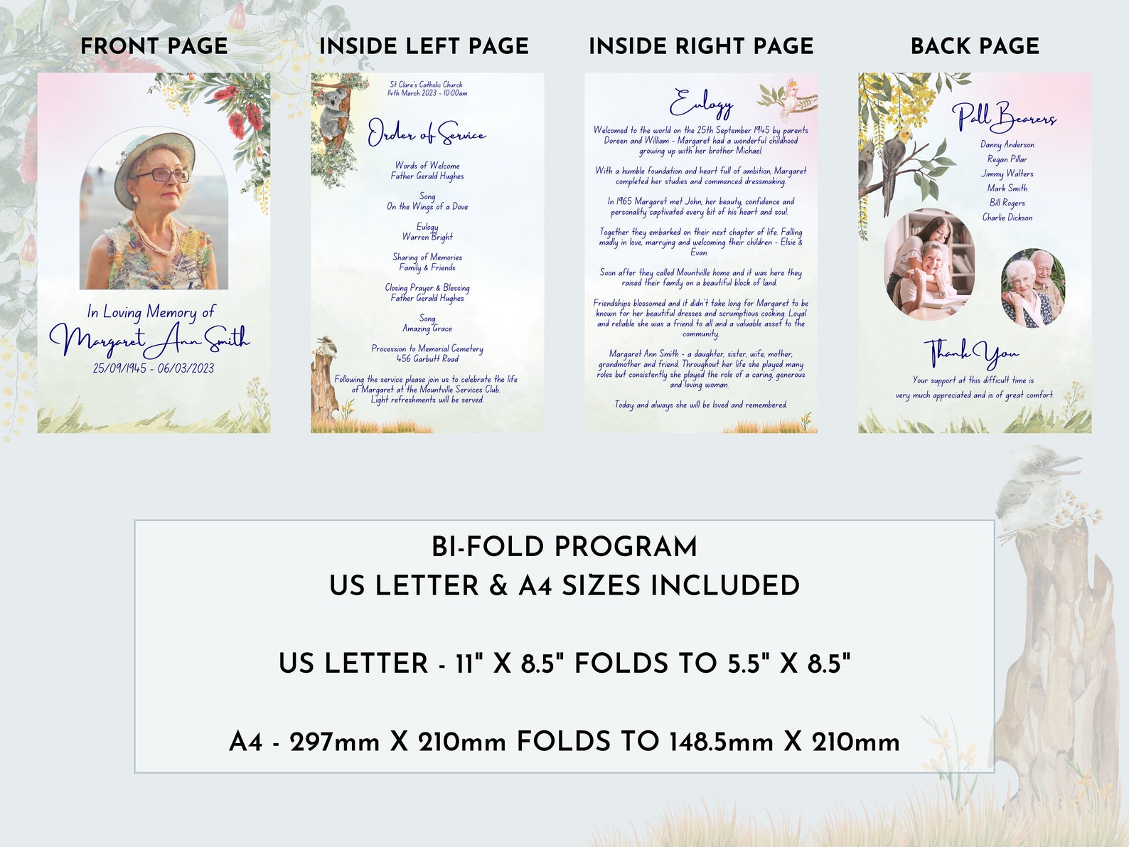 Floral Birds Funeral Program, Memorial Service Program, Printable Order ...