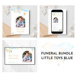 May include: Funeral announcement card with a blue and yellow watercolor design. The card features a photo of a baby boy and the text "Forever in our hearts" and "John Miles Alexander".