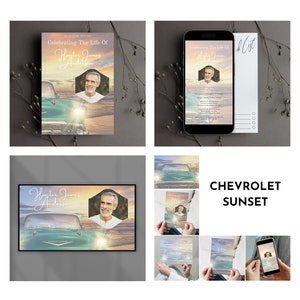 May include: A memorial invitation with a photo of a man in a blue shirt, a vintage car, and a sunset background. The text reads "Celebrating the Life of Hunter James Anderson".