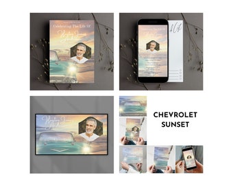 Paquete funerario con tema de coche, plantilla para servicio conmemorativo Chevrolet Sunset, invitación para celebrar la vida, programa funerario, presentación de diapositivas para funerales
