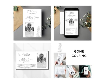 Paquete de funeral de golfista, plantilla de servicio conmemorativo de golfista, celebración de la vida de un golfista, programa de funeral, presentación de diapositivas de funeral, invitación de funeral
