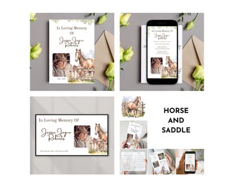 Paquete funerario con silla de montar, plantilla para servicio conmemorativo de jinete, celebración de la vida, programa funerario, presentación de diapositivas, invitación funeraria