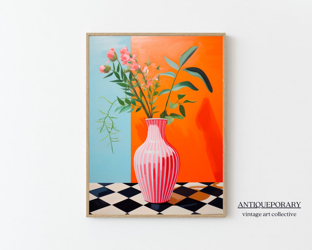 Flower Vase Art Print, Abstract Still Life Oil Painting, Retro Floral