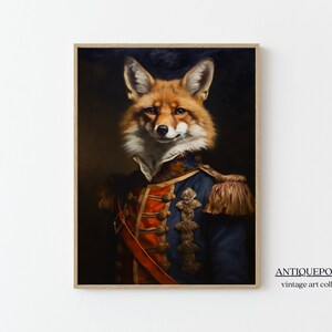 ビクトリア朝の動物の肖像画、服を着た動物のアート、ロイヤルフォックスのビンテージプリント、ダークムーディなルネッサンスの動物の印刷可能なアート、動物愛好家へのギフト