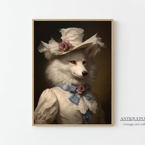Retrato de animal victoriano, impresión vintage de lobo blanco real hembra, cartel de animales renacentistas de mal humor oscuro, arte alterado, regalo de amante de los animales