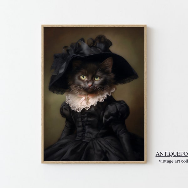 Victorian Animals Portrait, Royal Lady Black Cat Vintage Print, Renaissance Animal Dark Moody Animal Poster, Altered Art, Animal Lover Gift