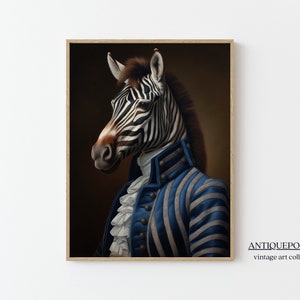Retratos de animales victorianos, grabados de animales vestidos, estampado de cebra real, impresión de arte alterado, arte animal renacentista IMPRIMIBLE, regalo para amantes de los animales