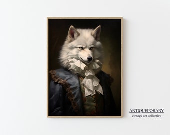 Portrait animalier victorien, imprimé animal habillé, imprimé vintage Royal White Wolf, affiche Dark Moody Animal Renaissance, cadeau amoureux des animaux