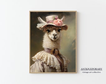 Victorian Animals Portrait, Royal Female Alpaca Vintage Print, Renaissance Dark Moody Farm Animal Poster, Altered Art, Animal Lover Gift