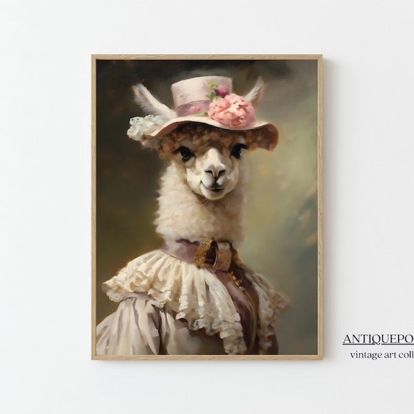 Victorian Animals Portrait, Royal Female Alpaca Vintage Print, Renaissance Dark Moody Farm Animal Poster, Altered Art, Animal Lover Gift