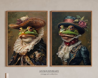 Portrait animalier victorien, lot de 2, peinture animalière royale, impression grenouille habillée, affiche Renaissance animal de mauvaise humeur, cadeau pour amoureux des animaux