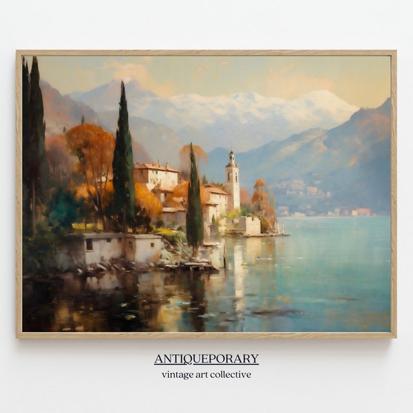 Vintage Country Painting, French Lake Village Landscape Print, Rustic Village Art Oil Painting, Antique Printable Artwork, Digital Download