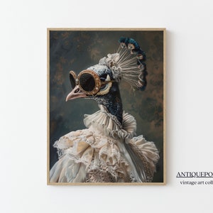 Retrato de animal victoriano, estampado de animales vestidos, cartel de la dama real del pavo real, arte alterado, arte IMPRIMIBLE de animales renacentistas, regalo de amante de los animales