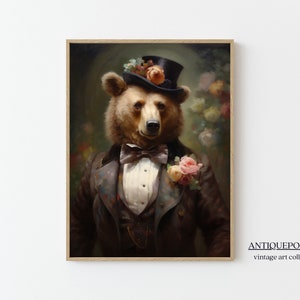 Retrato de animales victorianos, impresión vintage del oso real, cartel de animales de mal humor oscuro de animales renacentistas, arte alterado imprimible, regalo de amante de los animales