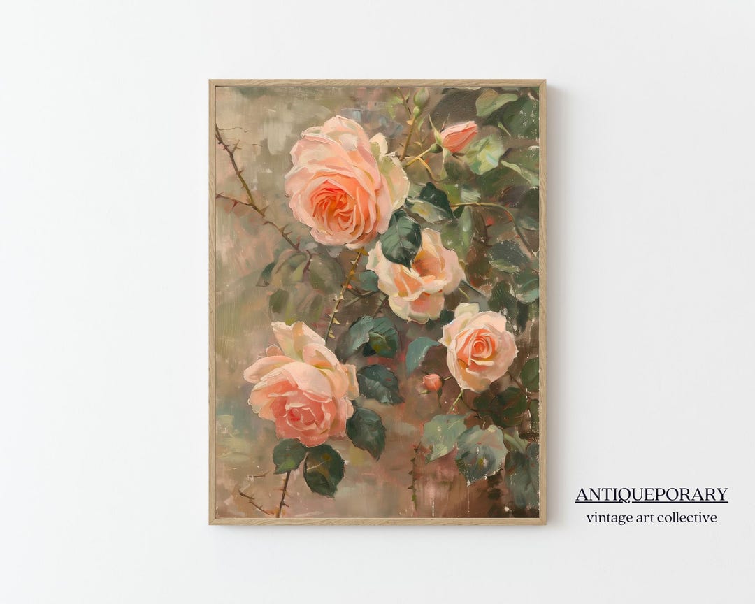 Vintage Muted Rose Painting, Rustic Floral Print, Neutral French ...