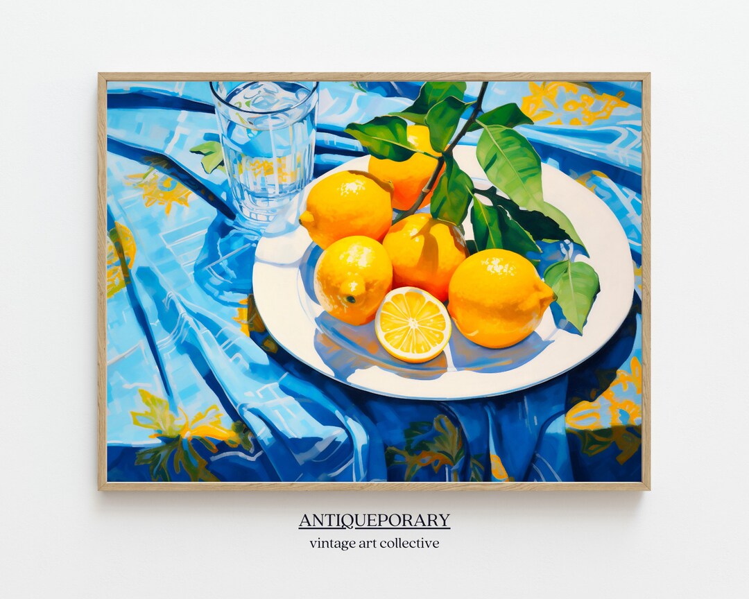 Lemon Oil Painting, Antique Wall Art Gift, Kitchen Still Life Painting