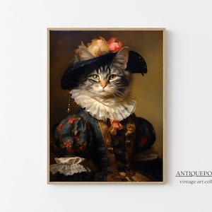 Retrato de animal victoriano, impresión de animal vestido, póster de gata, pinturas de animales reales, retratos de animales renacentistas, arte de inspiración vintage