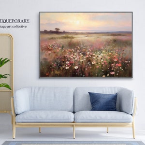 Peinture à l'huile de paysage de champ de fleurs sauvages, impression d'art vintage de paysage de coucher de soleil, téléchargement numérique d'art mural champ de pays, art imprimable de la nature image 7