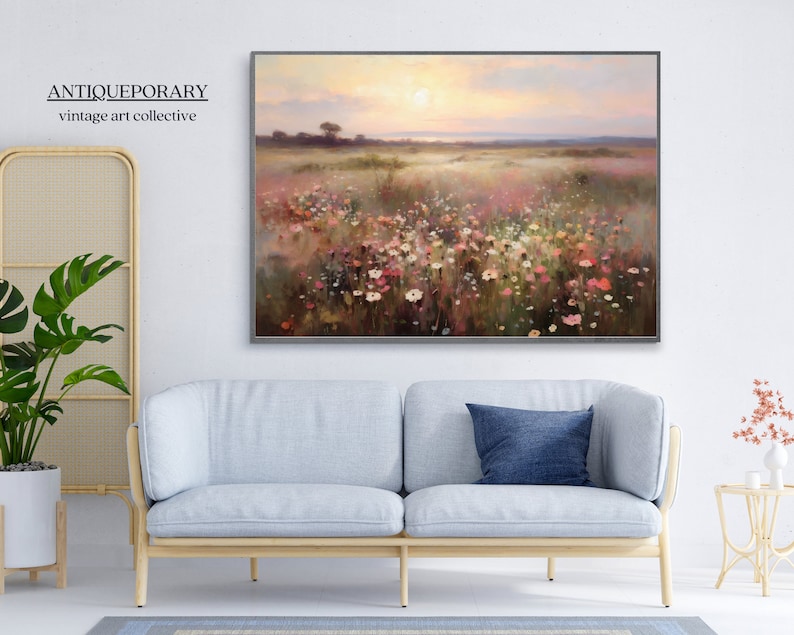 Peinture à l'huile de paysage de champ de fleurs sauvages, impression d'art vintage de paysage de coucher de soleil, téléchargement numérique d'art mural champ de pays, art imprimable de la nature image 7