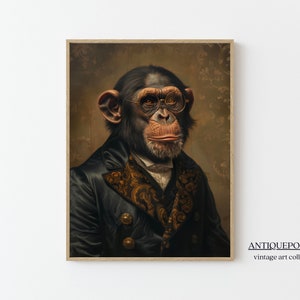 Retrato de animales victorianos, impresión vintage de chimpancé real, arte IMPRIMIBLE de animales renacentistas de mal humor oscuro, cartel de arte alterado, regalo de amante de los animales