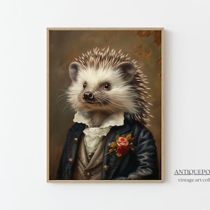 Retrato de animales victoriano, estampados de animales vestidos, cartel de erizo real, arte alterado, arte imprimible de animales renacentistas, regalo de amante de los animales