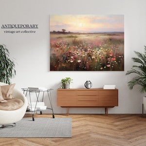 Peinture à l'huile de paysage de champ de fleurs sauvages, impression d'art vintage de paysage de coucher de soleil, téléchargement numérique d'art mural champ de pays, art imprimable de la nature image 5