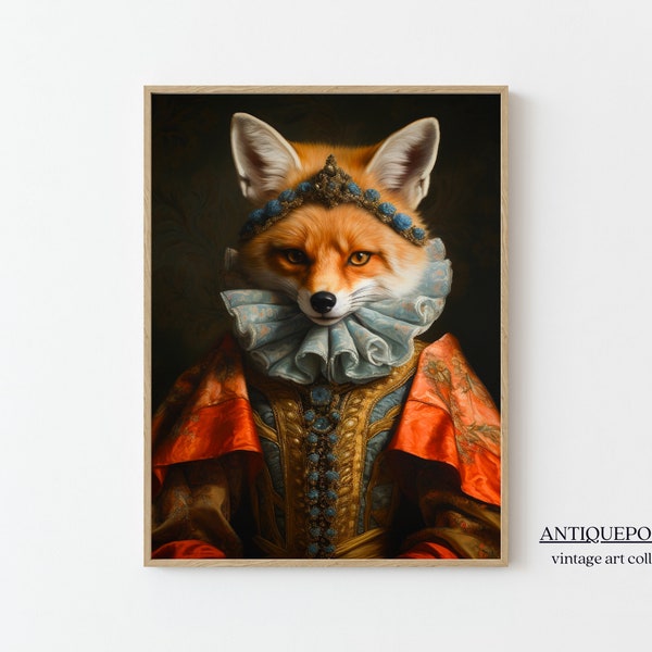 Victorian Animal Portrait, Dressed Animal Prints, Royal Fox Poster, Royal Animal Painting, Renaissance Animal Portrait, Vintage Inspired Art