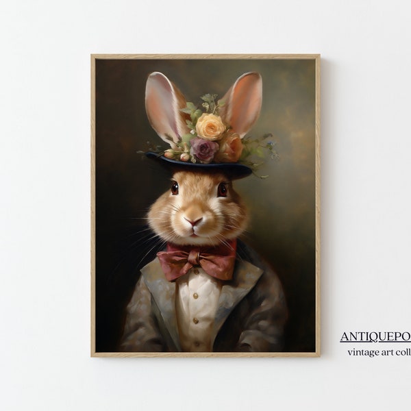 Portrait vintage de lapin, portrait animalier victorien, estampes animalières habillées, impression d'art modifiée, portrait animalier Renaissance, décor de ferme