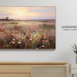 Peinture à l'huile de paysage de champ de fleurs sauvages, impression d'art vintage de paysage de coucher de soleil, téléchargement numérique d'art mural champ de pays, art imprimable de la nature image 3