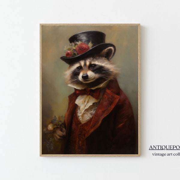 Victorian Animals Portrait, Royal Raccoon Art Print, Renaissance Animal Painting, Vintage Animal Portrait, Altered Art, Animal Lover Gift