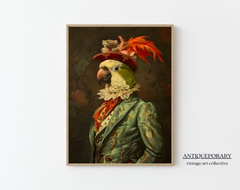 Portrait animalier victorien, impression vintage perroquet royal, affiche animal Renaissance de mauvaise humeur sombre, art altéré à imprimer, cadeau pour amoureux des animaux