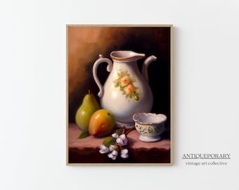 Dark Moody Still Life Painting, Kitchen Still Life Art Print, vintage Farmhouse Wall Art, Kitchen Jug Print, Poterie nature morte