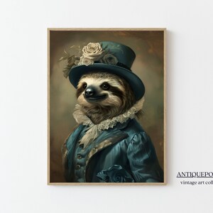 Retrato de animales victoriano, estampados de animales vestidos, cartel de perezoso real, arte alterado, arte imprimible de animales renacentistas, regalo de amante de los animales