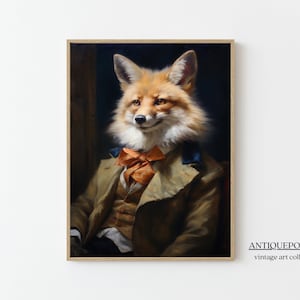 Retrato de animal victoriano, estampado de animales vestidos, retrato de estilo vintage de Royal Fox, cartel renacentista de animales de mal humor oscuro, regalo de amante de los animales