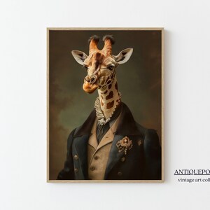 Retrato de animales victorianos, impresión vintage de jirafa real, arte IMPRIMIBLE de animales renacentistas de mal humor oscuro, cartel de arte alterado, regalo de amante de los animales