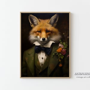 Retrato de animales renacentista, retrato de animales victoriano, estampados de animales vestidos, pintura al óleo de zorro real, retrato de animales de estilo vintage
