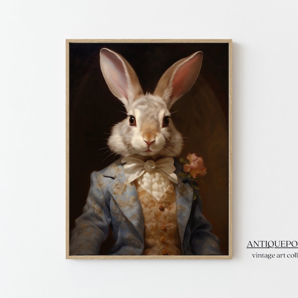 Retrato de animales victoriano, estampados de animales vestidos, cartel de conejo real, impresión de arte alterado, retrato de animales renacentista, decoración de granja